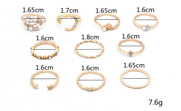 Star Moon Love Pearl Leaf 10-Piece Ring