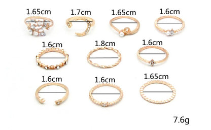 Star Moon Love Pearl Leaf 10-Piece Ring