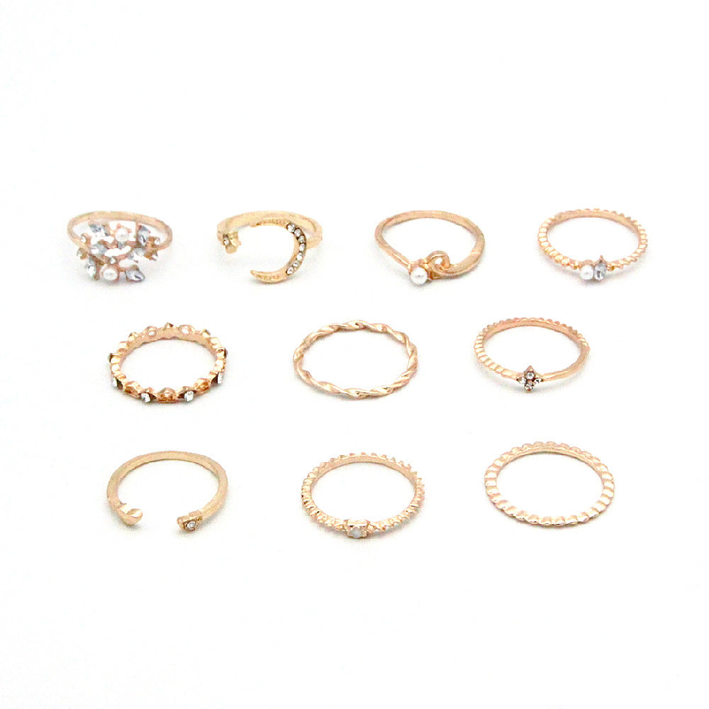 Star Moon Love Pearl Leaf 10-Piece Ring