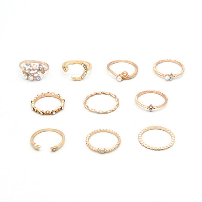 Star Moon Love Pearl Leaf 10-Piece Ring